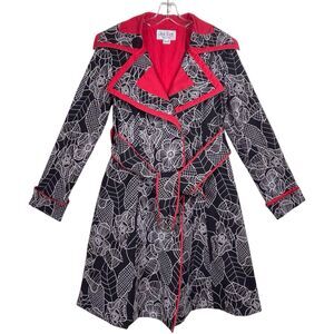 An Ren Black Red Floral Linen Long Coat Size Medium Belted Statement Piece